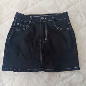 Black Denim Mini Skirt With White Stitch Trim